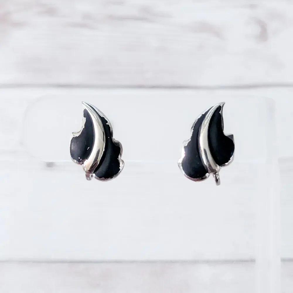 Vintage Clip On Earrings Silver Tone & Black Leaf - Some Paint Chipping
